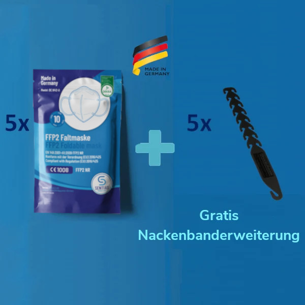 Sentias FFP2 Maske 50er Pack Aktion Made in Germany mit gratis NAckenbanderweiterung